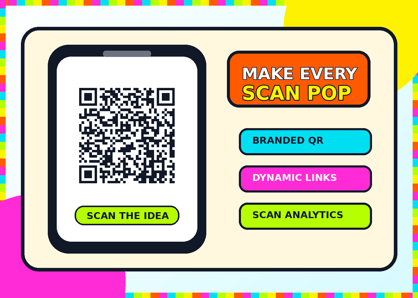 A bright PopQR campaign card with a QR code displayed on a phone